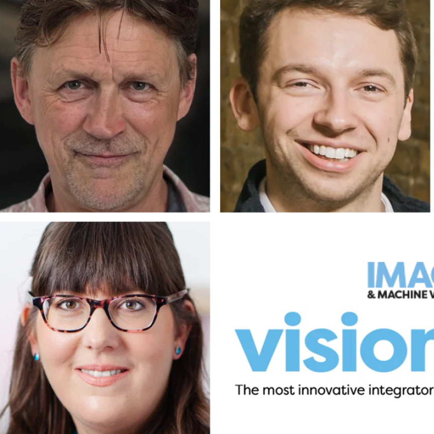 a montage of headshots of the IMVE Visionaries, surrounfing the Imaging and Machine Vision Europe Visionaries logo